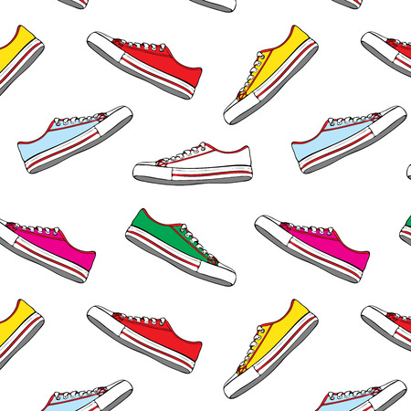 Seamless pattern with multi-colored textile sneakers and white laces on a white backgroundのイラスト素材