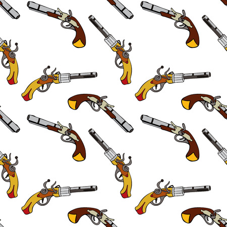 hand-drawn old pistoles with wooden handle, repeating seamless pattern isolated on white backgroundのイラスト素材