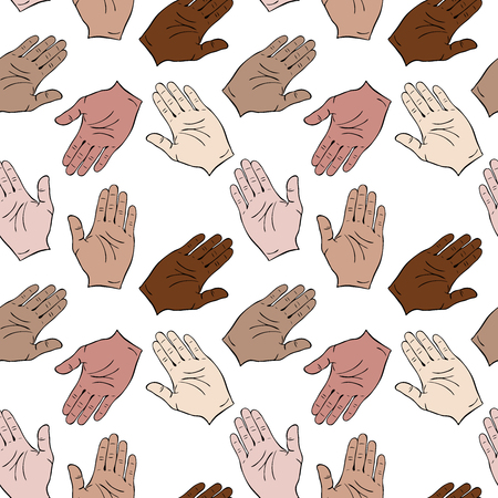 Palms of different skin colors are drawn to each other. Seamless pattern isolated on white background