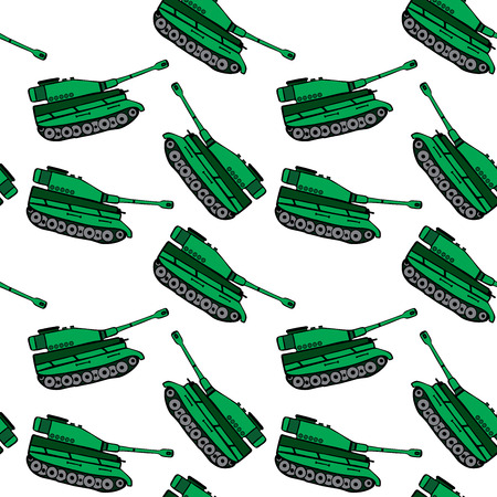 cartoon hand drawn green tank, repeating seamless pattern isolated on white backgroundのイラスト素材