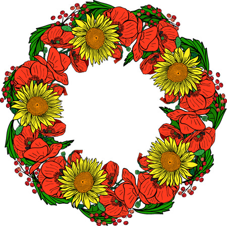wreath of red blossoming poppies, yellow sunflowers and green leaves isolated on white backgroundのイラスト素材