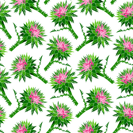 bud of prickly burdock with green stalk isolated on white background, seamless patternのイラスト素材