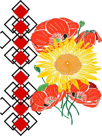 Bouquet of sunflowers and red blossoming poppies, side view geometric pattern isolated on white backgroundのイラスト素材