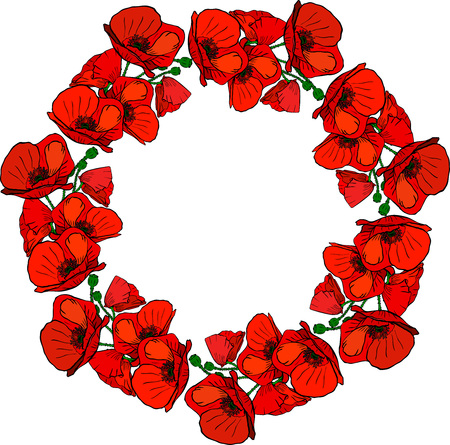 A round wreath of flowering red poppies and green stems isolated on a fake background, empty space in the middleのイラスト素材