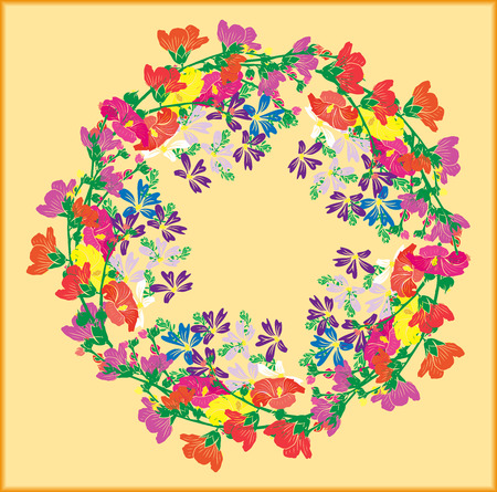 A wreath of flowering branches with pink, red and yellow buds of mallow and blue small flowers on a yellow background.のイラスト素材