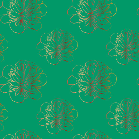 bud of a blooming peony in golden color, seamless pattern on a green backgroundの写真素材