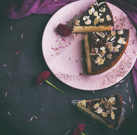 pieces of cheesecake with chocolate on a pink plate, top viewの写真素材