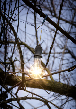 a burning old lamp on the street in the eveningの写真素材