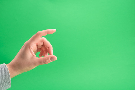 female hand on a green background, fingers in the gesture of holding the subject, copy spaceの写真素材