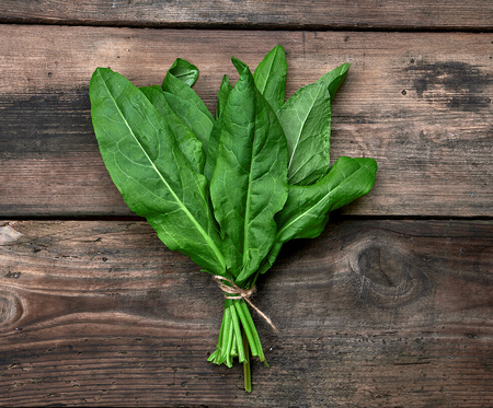 bunch of fresh green leaves of sorrel on a wooden table, top view