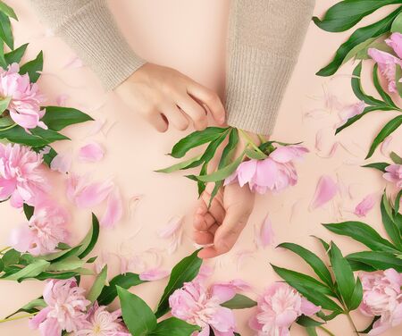 two hands of a young girl with smooth skin and a bouquet of pink peonies on a peach background, top...