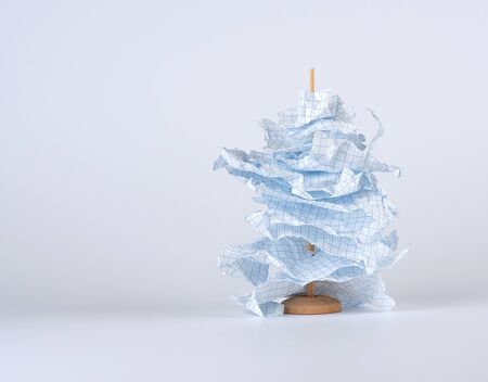 pieces of torn white paper are strung on a wooden stick, white background, copy space