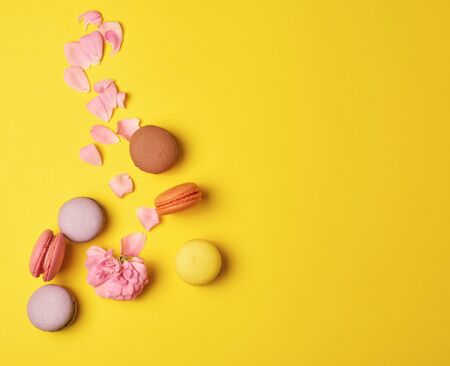 multi-colored macaroons with cream and a pink rose bud with scattered petals on a yellow  background, top view, flat lay, copy spaceの写真素材