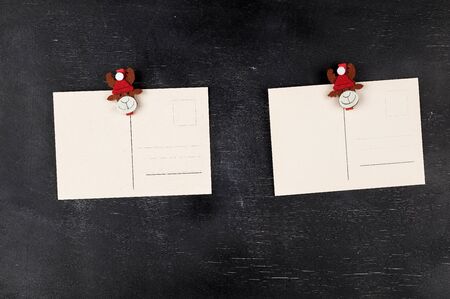 Empty vintage paper postcards on a black background decorated with a deer figure