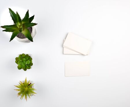 stack of blank rectangular paper white business cards on a white background, top viewの写真素材