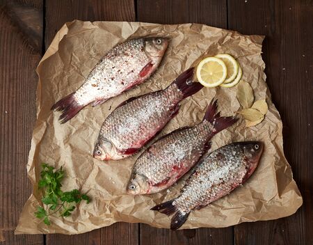 whole fresh crucian fish with scales on a crumpled brown piece of paper, table of boards, top viewの写真素材