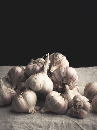 heap of raw unpeeled garlic on a vintage gray linen napkin, dark backgroundの写真素材