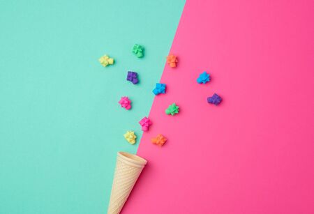 cone-shaped waffle cup on a colored background, top viewの写真素材