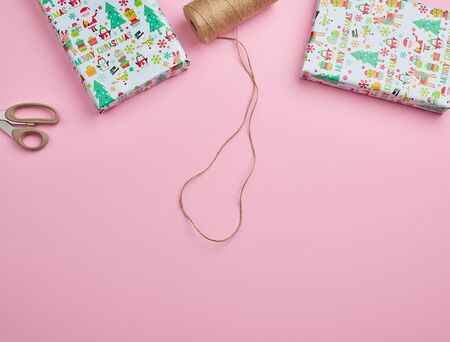 colored paper wrapped gift boxes. great design for any purposes. copy spaceの写真素材