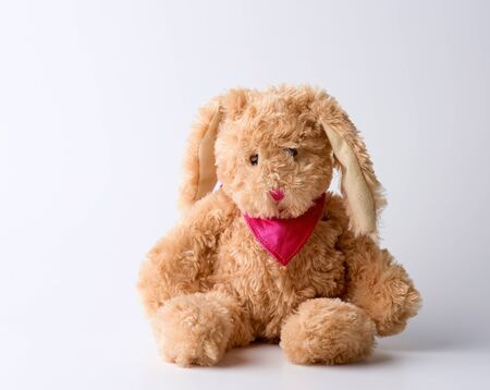 toy brown plush hare sitting on a white background, top viewの写真素材