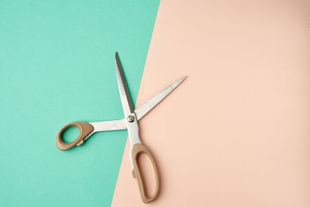 metal scissors with a plastic handle on a green-beige background, top view, flat lay