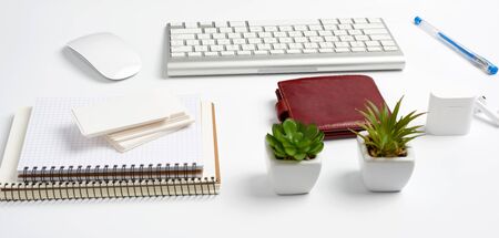 White wireless keyboard, a stack of notebooks, green plants in pots and a mouse, workplace of a freelancer, businessman. White tableの写真素材