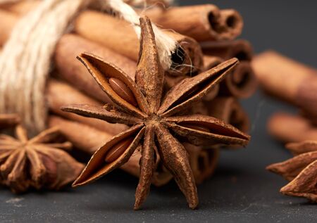 dry star anise with a bunch of brown cinnamon sticks tied with a rope, close up