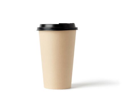 disposable hot drink paper cup with lid isolated on white background, takeaway foodの写真素材