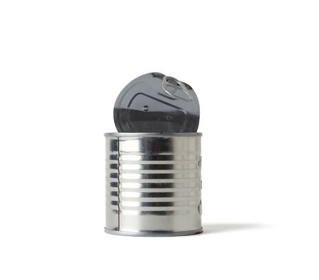 metal open tin can isolated on white background, close upの写真素材