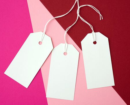 three white paper rectangular tags on a rope on a colored background, flat lay. Price tag, gift, for...