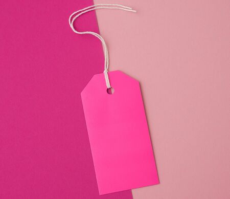empty pink paper rectangular tag on a rope on a colored background, flat layの写真素材