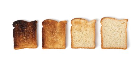 square slices of bread made from white wheat flour toasted in toaster, food of varying degrees of frying, setの写真素材