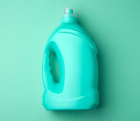 light green plastic bottle for liquid detergent, top view, flat layの写真素材