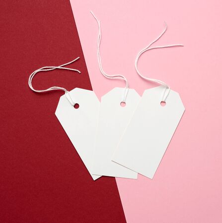 three white paper rectangular tags on a rope on a colored background, flat lay. Price tag, gift, for...