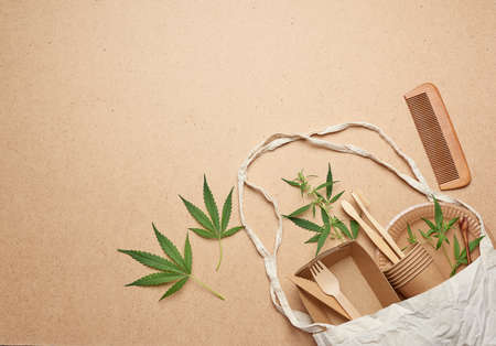 textile bag and disposable tableware from brown craft paper, green hemp leaves on a wooden background. View from above, plastic rejection concept, zero wasteの写真素材