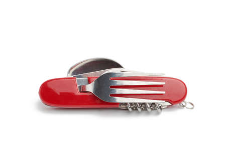 red penknife for survival with various tools isolated on white background