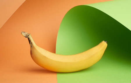 ripe yellow banana on a colored background, creative background with curved paperの写真素材