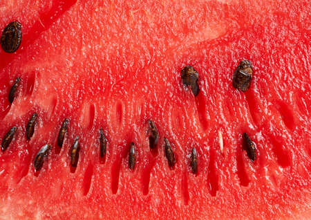 cut texture of red ripe watermelon with brown seeds, full frame, close upの写真素材