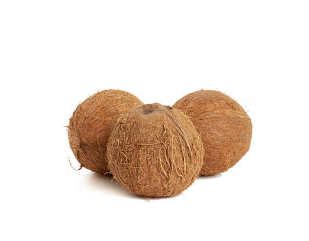 ripe whole round coconut isolated on white background, close up