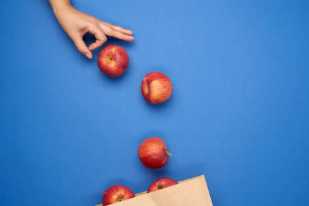 brown paper bag and ripe red apples, female hand pushing apples into packaging, blue backgroundの写真素材