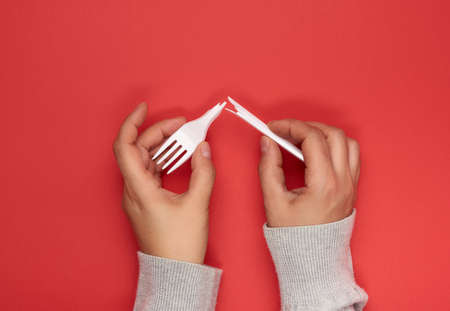 two female hands holding halves of a plastic disposable white fork on a red background, avoiding...