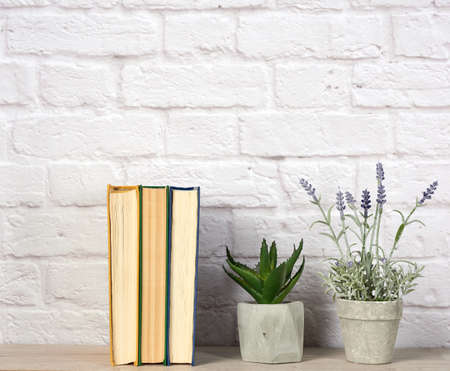 stack of books and flowers in ceramic pots on a white brick wall background, shelfの写真素材