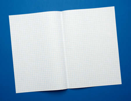 white sheet of paper in a cage from a school notebook on a blue background, top view