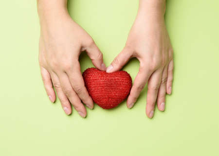female hands holds red textile heart, green background. Love and donation concept, close upの写真素材