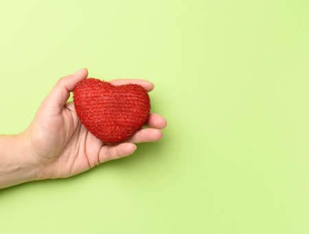female hands holds red textile heart, green background. Love and donation concept