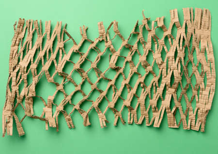 abstract green texture with cut honeycomb brown corrugated paper, top view