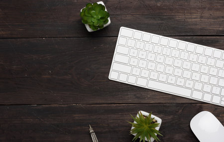 white wireless keyboard and mouse on a wooden brown table, top view, copy spaceの写真素材
