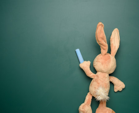 teddy bunny holding a piece of chalk on the background of a green chalk school blackboard, place to writeの写真素材