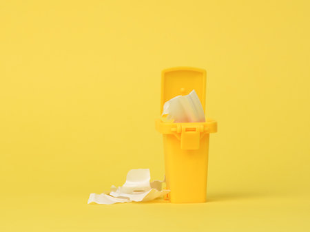 yellow plastic container for collecting plastic and further processing on a yellow background, copy spaceの写真素材