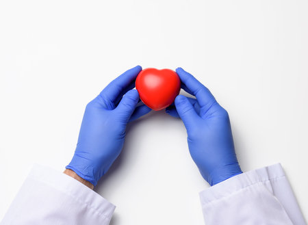 two hands in blue latex gloves holding a red heart, donation concept, close upの写真素材